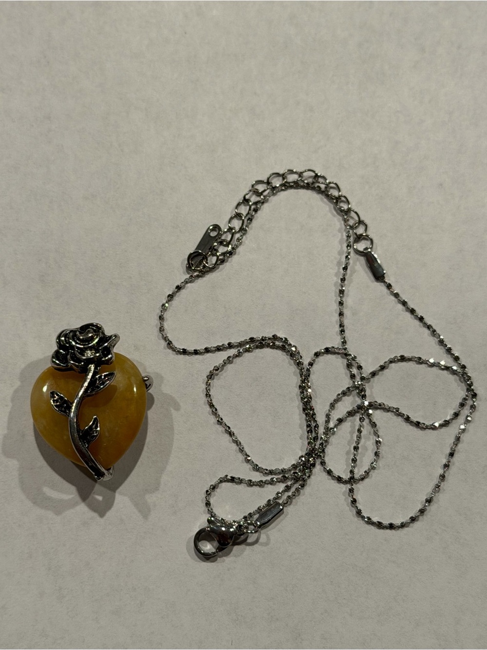Yellow Aventurine Heart Pendant Necklace with Silver Rose Accent